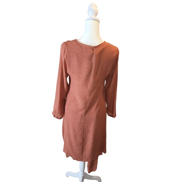 Long Sleeve V-Neck Button Front Midi Dress Tunic In Terracotta Medium - Picture 3 of 7